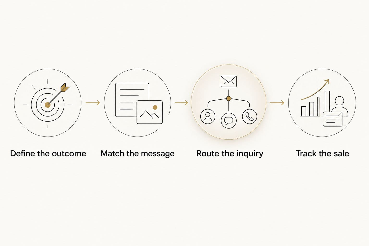 Four steps connecting a landing page offer to inquiry handling and sales measurement.
