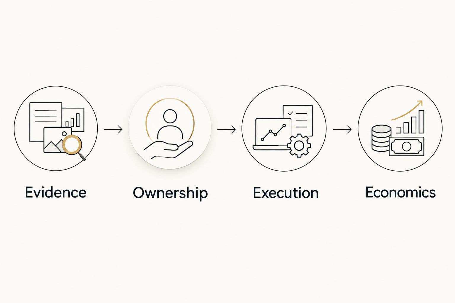 Decision sequence connecting evidence, ownership, execution and economics